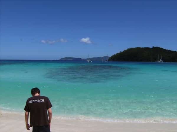 I was on vacation in St. John in the Virgin Islands and my mom took this picture of me, unbeknownst to me I was wearing my Red Pepper shirt!