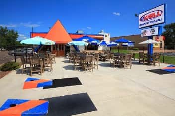 Outdoor patio with dining tables