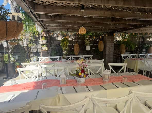 Tables on the trellis in the sunlight