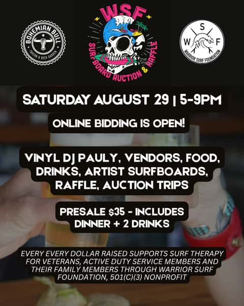 Join us for an evening that makes a difference. 🌊

On Saturday, August 29, we're proud to partner with Warrior Surf Foundation for their 10th Annual Surfboard Auction & Raffle right here at Bohemian Bull James Island.

Enjoy live music, local vendors, dinner, drinks, raffles, silent & live auctions, and one-of-a-kind surfboards designed by local artists—all while supporting Warrior Surf's mission to provide free surf therapy, wellness coaching, yoga, and community for veterans and their families.

Come out, have a great time, and help us support an incredible cause.

📍 Bohemian Bull James Island
📅 Saturday, August 29
⏰ 5PM

Grab your tickets today! https://warriorsurf.rallyup.com/surf-auction-26/Campaign/Details

#BohemianBull #JamesIsland #CharlestonSC #WarriorSurfFoundation #SurfAuction
