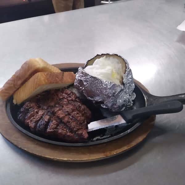 steak, potato, and Texas toast