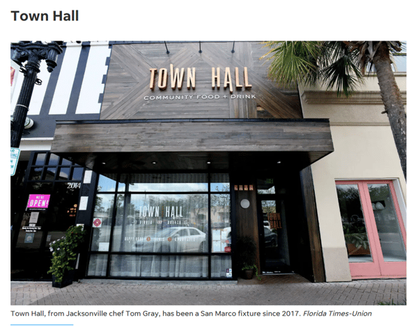 Florida TImes-Union article photo of exterior of Town Hall restaurant