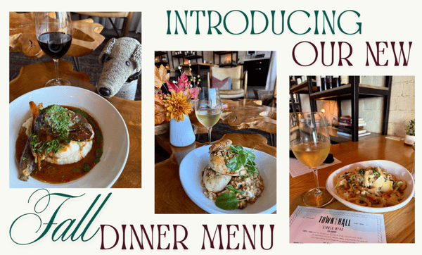 Image of three new dishes from our fall menu: beef short rib, roasted chicken and casarecce pasta