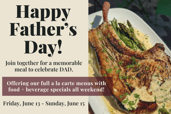 Closeup of a pork chop with text describing the Father's Day specials at Town Hall.
