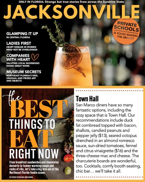 Photo of the Jacksonville Magazine cover with collage of text clipped from the article showcasing Town Hall as one of the featured restaurants.