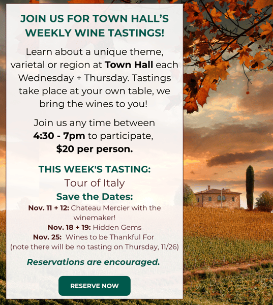 Graphic with the wine tasting lineup for November 2026