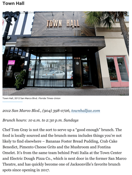 Photo of the outside facade of Town Hall Restaurant and paragraph of Times Union article on Brunch Restaurants in Jacksonville