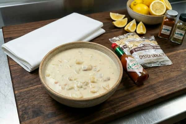 Clam Chowder in a bowl on a display board with tabasco, oyster crackers, lemons, and a napkin