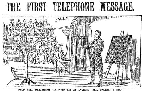 newspaper "The First Telephone Message" showing Bell