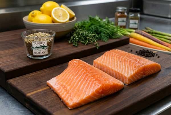 Two Atlantic Salmon pieces with spices, lemons, and carrots