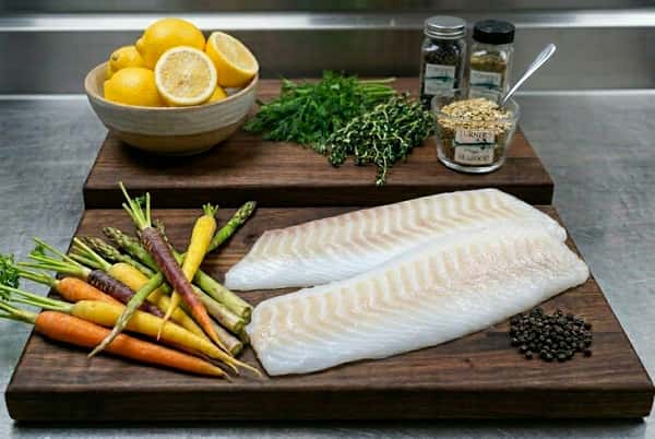 2 Cod Loins on display board with carrots, spices, lemons, and greens