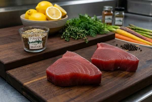 Two tuna steaks with lemons, spices, and carrots