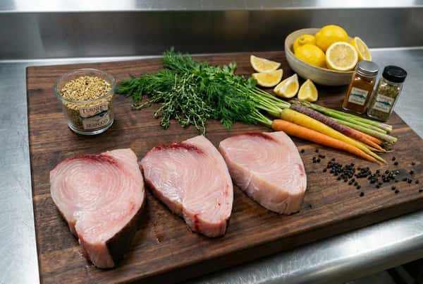 D2D_MenuItem 3 Swordfish Steaks on Display Board, with carrots and lemon