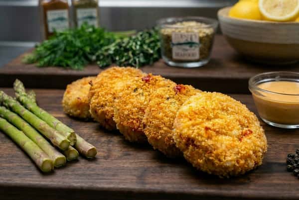 Lobster risotto cakes with spices, greens, and lemons