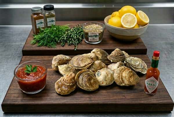Oysters with cocktail sauce, lemons, and spices