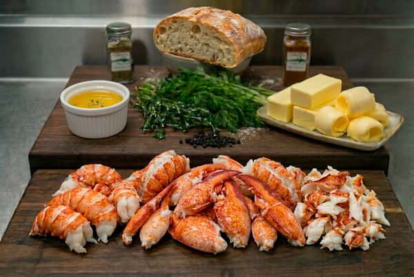 Tail, claw, knuckle lobster meat with butter and ciabatta bread