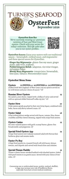 list of menu specials for OysterFest 2026, with logo at top including a tray for shucked oysters on ice