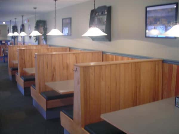 Dining area with chandeliers hanging above