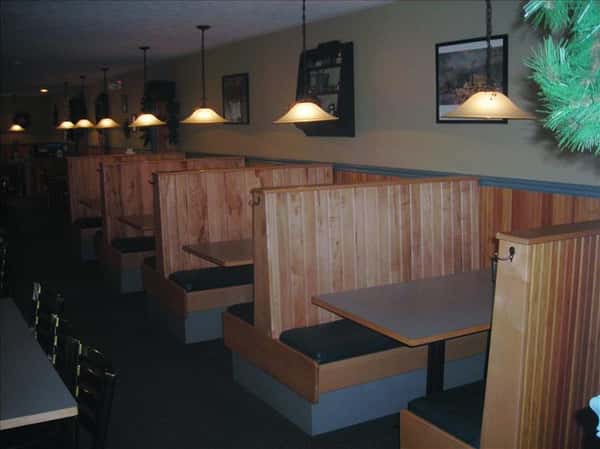 Dining area with chandeliers hanging above