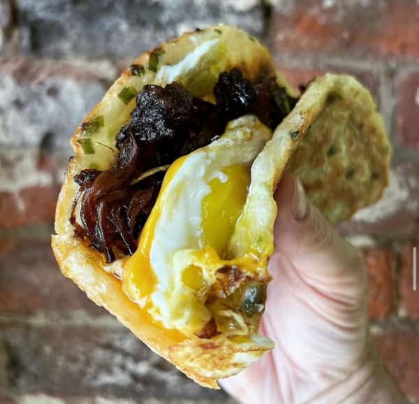 Brisket, Egg & Cheese Scallion Pancake BAOrrito