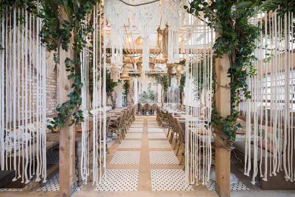Bright upscale restaurant hallway with hanging greenery, modern seating, and sophisticated interior design