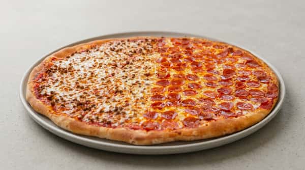 Large pizza, half pepperoni and half ground beef, with melted cheese.