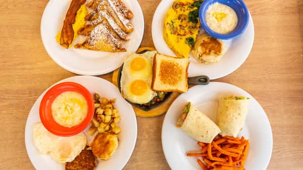 Food Collage (French Toast, Omelet, Skillet, Wrap)