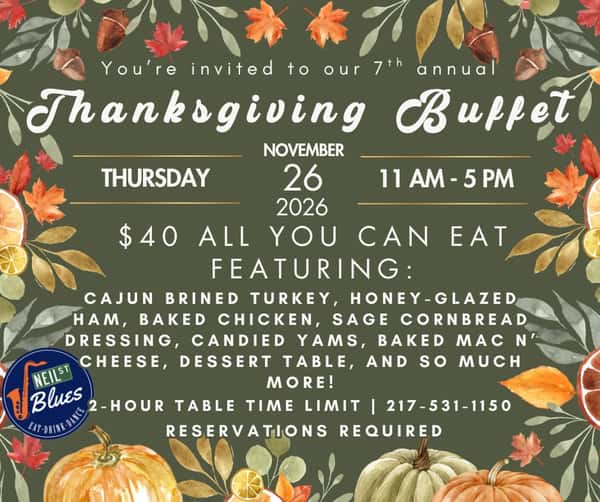 Get ready for a holiday feast with plenty of comfort and flavor at Neil St. Blues 🦃 The 7th Annual Thanksgiving Buffet is happening on November 26, 2026 at 11:00 AM, bringing all the traditional fixings you look forward to plus a few extra touches to make the celebration even better. Gather your people, bring your appetite, and make it part of your Thanksgiving plans 🍂 Join us for Thanksgiving Buffet! #NeilStBlues #ThanksgivingBuffet #HolidayDining
