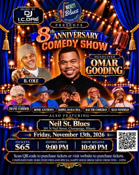 Eight years of unforgettable nights deserves a celebration this big 🎤 Join Neil St. Blues on November 13, 2026 for the 8th Anniversary Comedy Show featuring headliner Omar Gooding, an all-star comedy lineup, DJ I.C. Dré, complimentary hors d'oeuvres, and a cocktail hour starting at 9 PM. Come early, grab your crew, and secure your tickets for a night packed with laughs and celebration! 🎉
#NeilStBlues #ComedyNight #AnniversaryShow #LiveEntertainment
