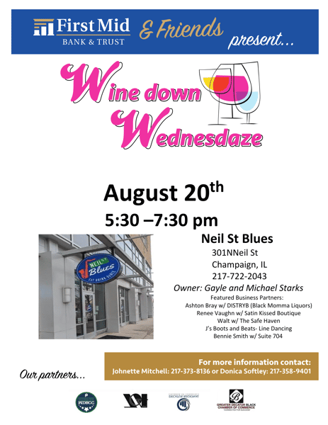 Flyer for Winedown Wednesdaze at Neil St. Blues on August 20, 2025, celebrating Black-Owned Business Month with local vendors including DISTRYB, Satin Kissed Boutique, The Safe Haven, Suite 704, and J’s Boots and Beats in Champaign, IL.