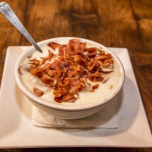baked potato soup topped with bacon