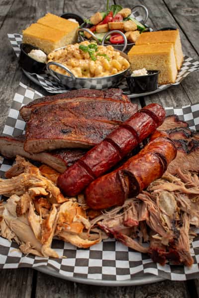 Ribs, chicken, pulled pork, sausage