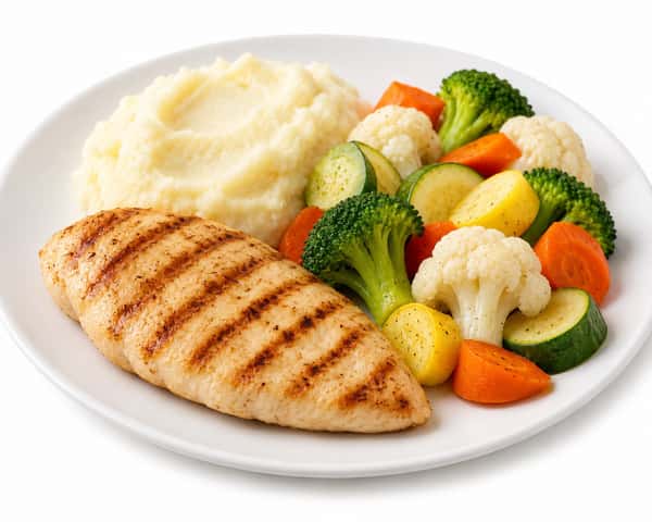 Kids Grilled Chicken, mashed potatoes, & vegetables