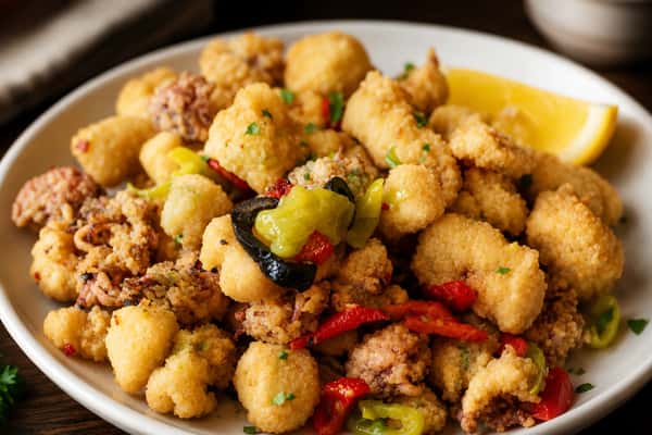 Fried calamari with cherry peppers, herbs, and lemon wedges