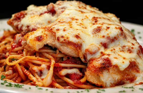 Chicken Parmesan topped with tomato sauce and melted cheese and served with spaghetti