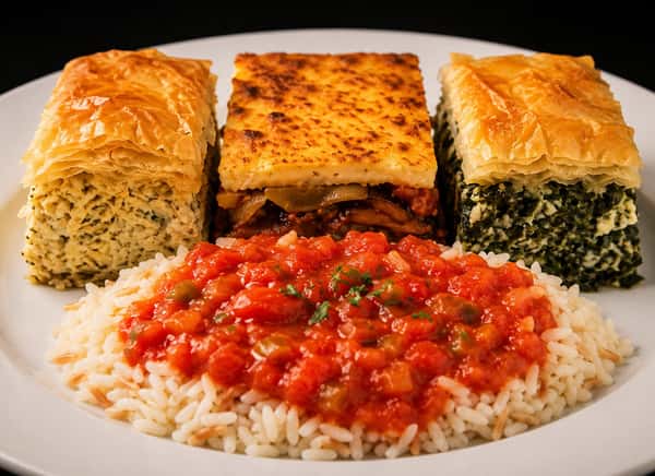 Greek combination plate with spinach pie, baked casserole, rice, and tomato sauce