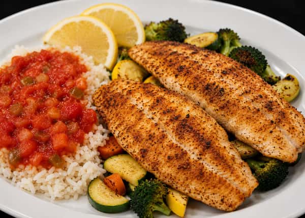 Grilled tilapia fillets served with rice, tomato sauce, lemon, and vegetables