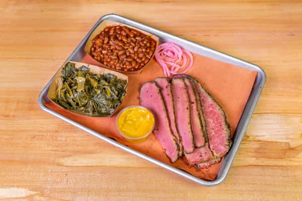 OneMeatComboBeefHouseCuredPastramiWithBakedBeansAndCollardGreen