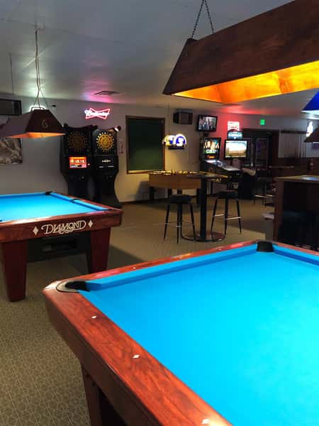 interior view of business with pool tables and lights up above