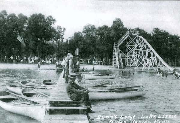 Lake, dock, with canoes