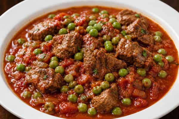 Beef and green peas simmered in tomato sauce
