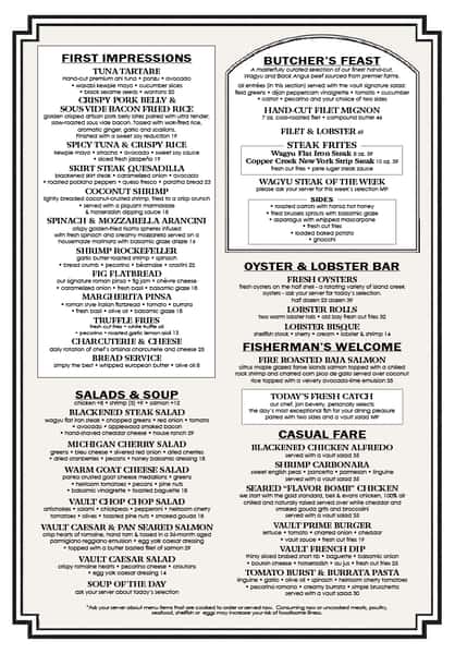 The Vault Summer 2026 Dinner Menu