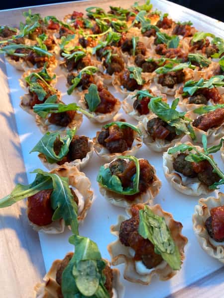 Phyllo Cups with Hummus, Falafel, Turkish Salad, Lemon Arugula