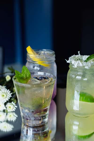 Two refreshing handcrafted cocktails garnished with fresh mint, lemon slices, and herbs, served in mason jars for a crisp, garden-fresh presentation.