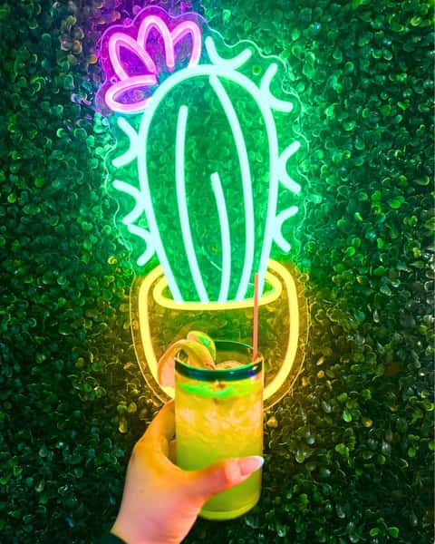 A hand holding a green cocktail with lime garnish in front of a glowing neon cactus sign on a leafy green wall.