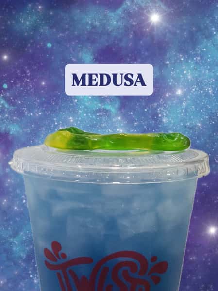 DOTW! Medusa 🐍 Lemonade, dragon fruit, blue curaçao, pink edible glitter with a gummy twin snake on top!