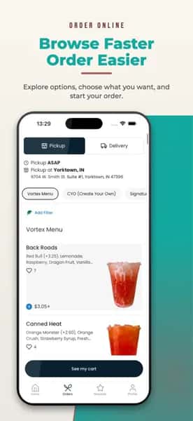 A smartphone showing the online ordering menu with pickup and delivery options, drink categories, prices, and product selections.