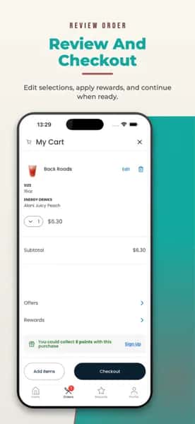 A smartphone showing the shopping cart, where customers can review their drink, edit selections, apply rewards, add items, and proceed to checkout.