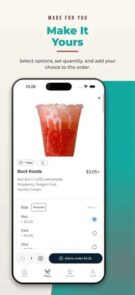 A smartphone displaying a customizable drink with options to select the size, quantity, and other choices before adding it to the order.