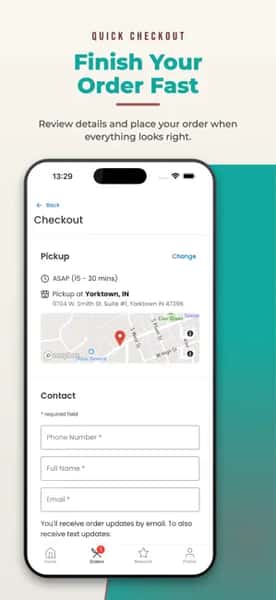 A smartphone displaying the checkout screen with pickup location, map, contact information, and order details for completing a purchase quickly.